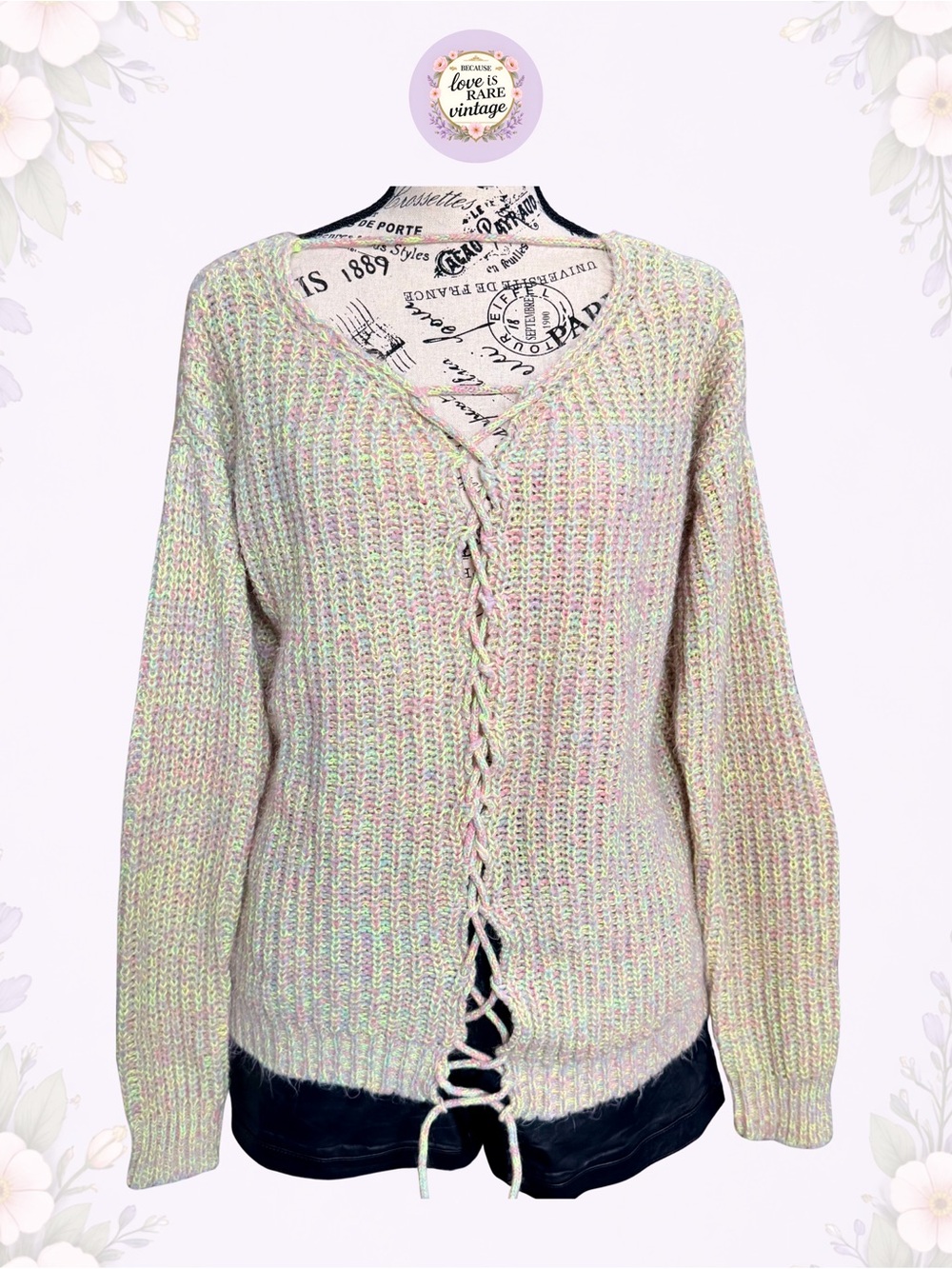 Vintage Y2K Neon Pastel Confetti Fuzzy Knit Lace-Up Sweater • Size M